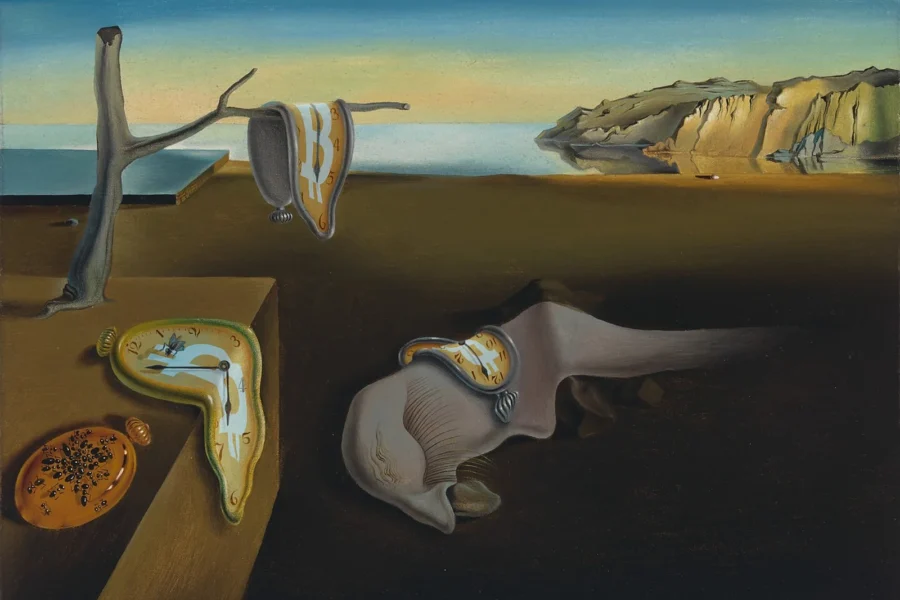 Bitcoin-themed surrealist painting in the style of Salvador Dalí's Persistence of Memory, featuring melting clocks with Bitcoin symbols in a barren landscape.