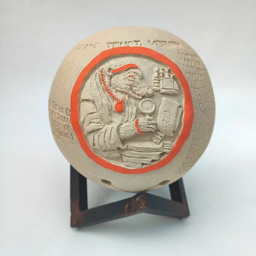 Yonat Vaks Bulla clay artwork showing a honey badger running a node, inscribed with 'Don't Trust, Verify', orange circle accent, on a metal stand.