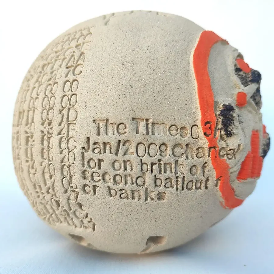 Yonat Vaks Bulla clay artwork inscribed with the Bitcoin genesis block headline: The Times 03/Jan/2009 Chancellor on brink of second bailout for banks.