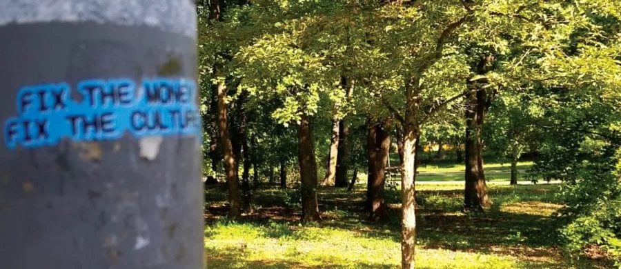 Bitcoin FilmFest "Fix the money, fix the culture" sticker on a post, with sunlit Warsaw park trees in the background.