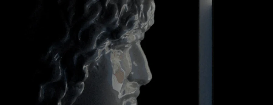 Still from hateplow GIF showing an illuminated classical marble bust in darkness, featured image for Proof of Work essay by Lumo.