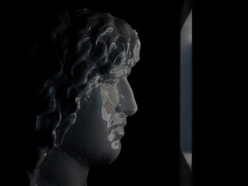 Animated classical bust illuminated in darkness, from Lumo's Proof of Work essay, Citadel 21 vol. 1