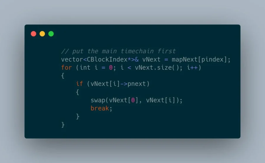Bitcoin v0.01 source code showing the comment 'put the main timechain first', evidence that Satoshi originally called the blockchain the timechain.